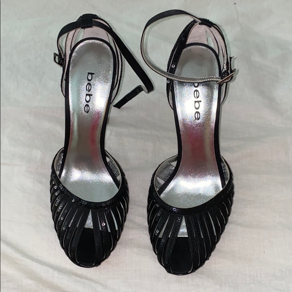 Black sequin peep toe heels. Never worn BEBE shoes